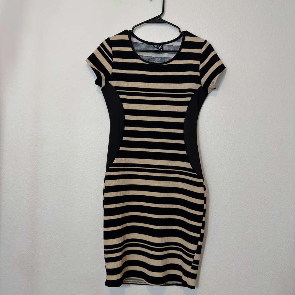 TMG New York Striped Bodycon Dress Womens Large Black Tan Excellent Sheath USA